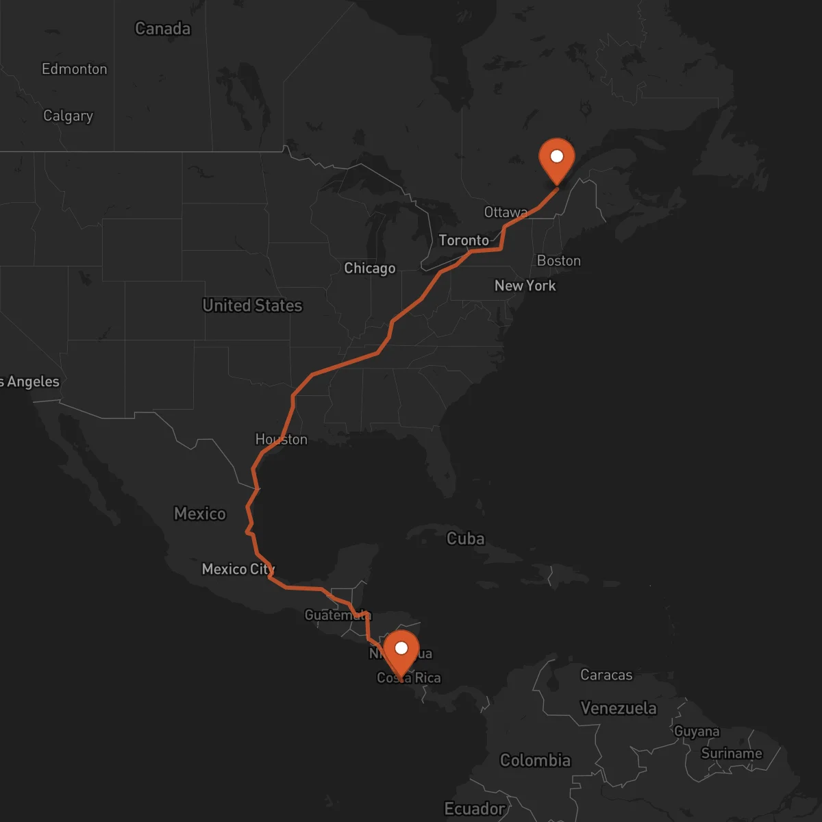 Ruta Puntarenas - Quebec City