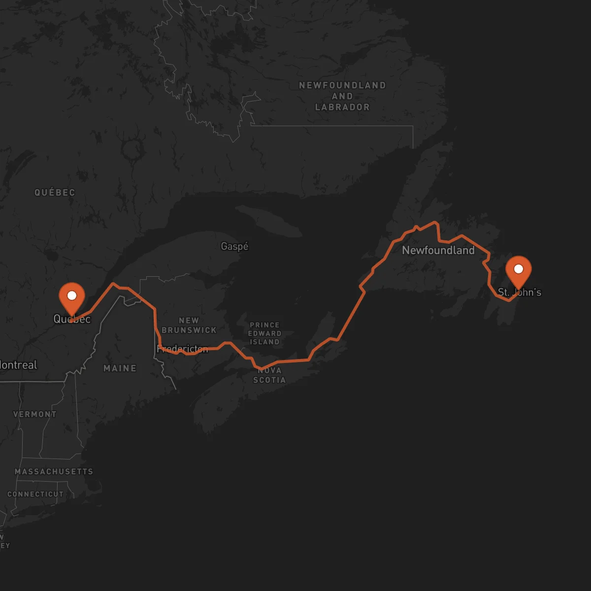 Ruta Quebec City - San Juan de Terranova (St. John's)