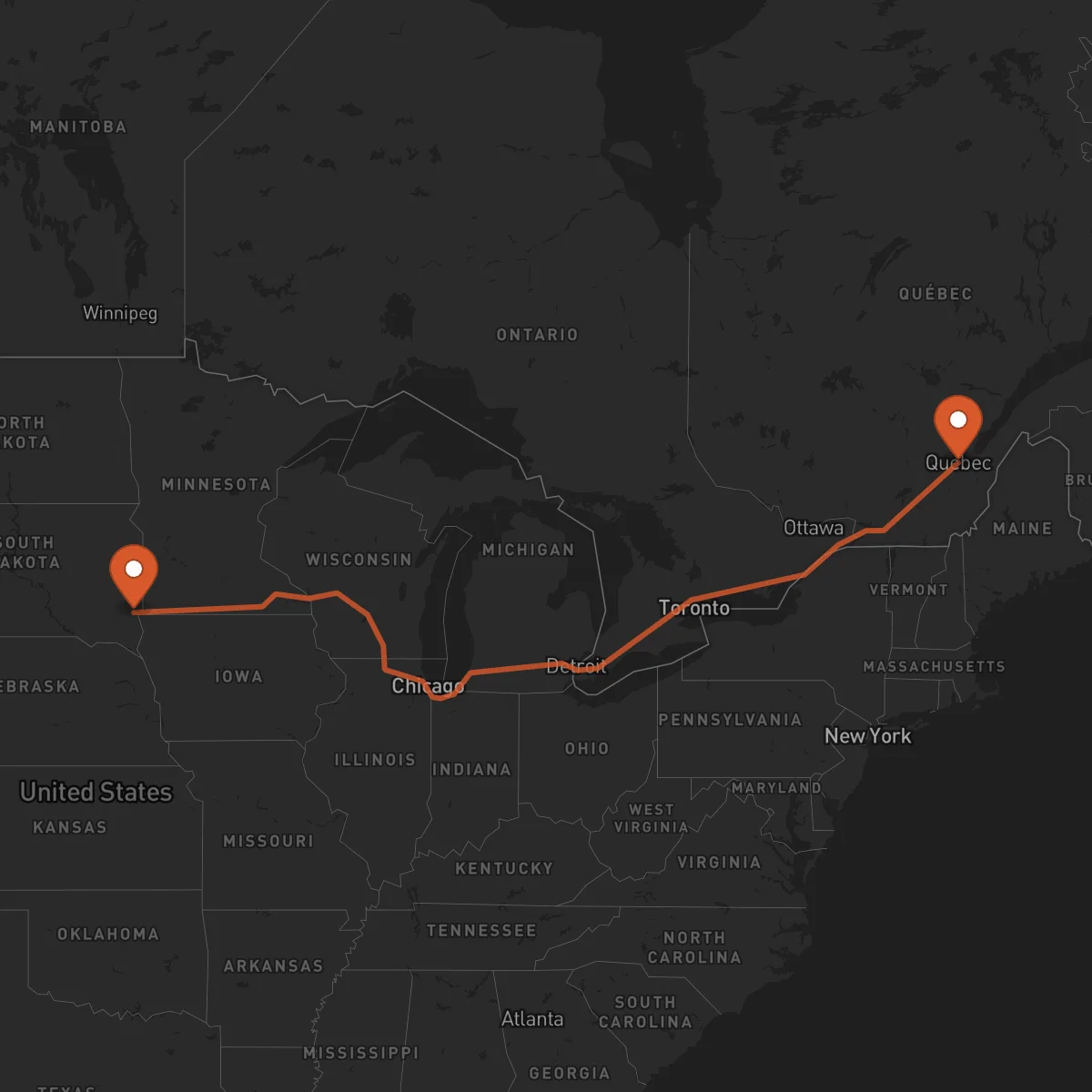 Ruta Sioux Falls - Quebec City