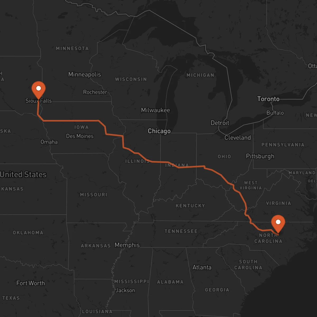 Ruta Raleigh - Sioux Falls