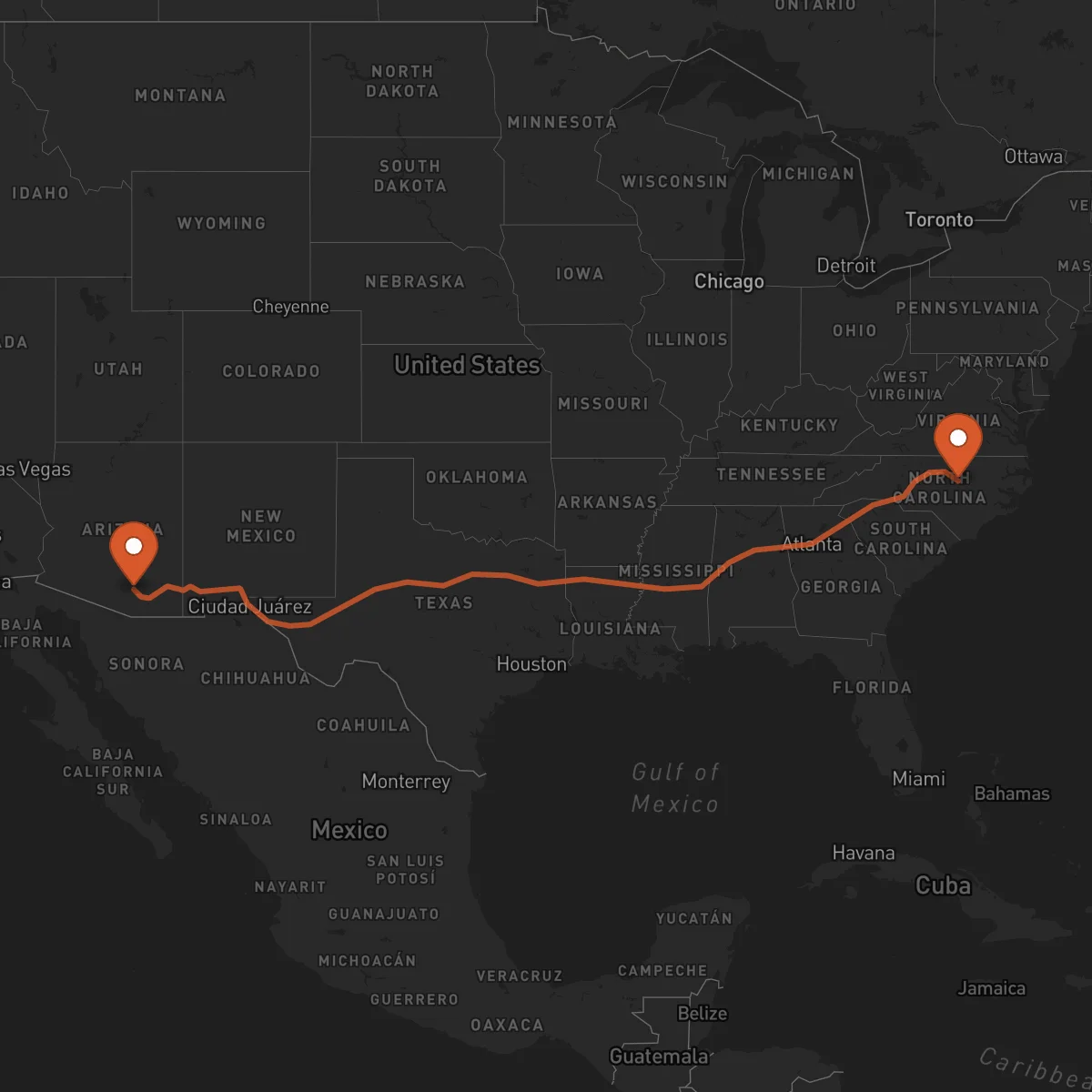 Ruta Tucson - Raleigh