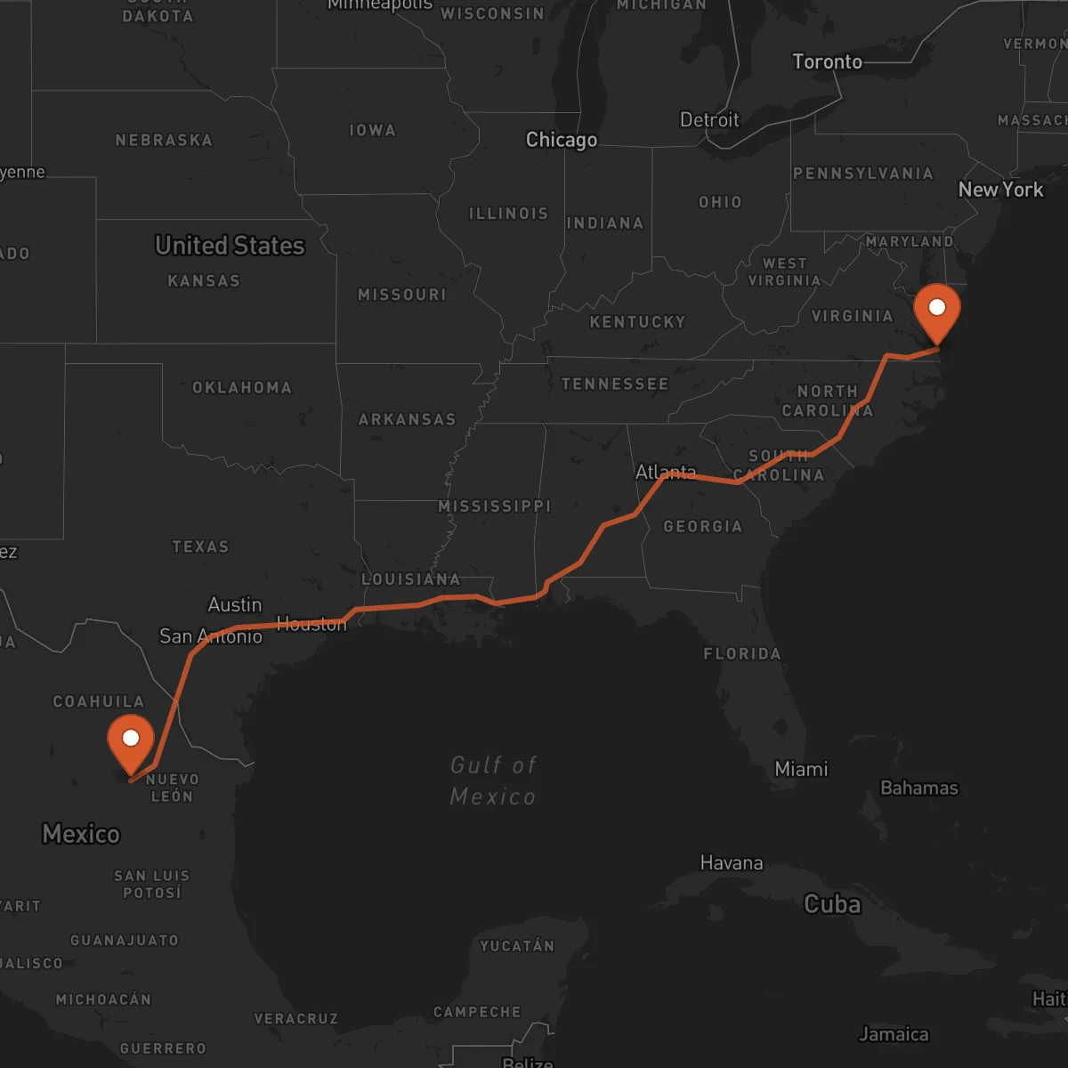 Ruta Virginia Beach - Saltillo