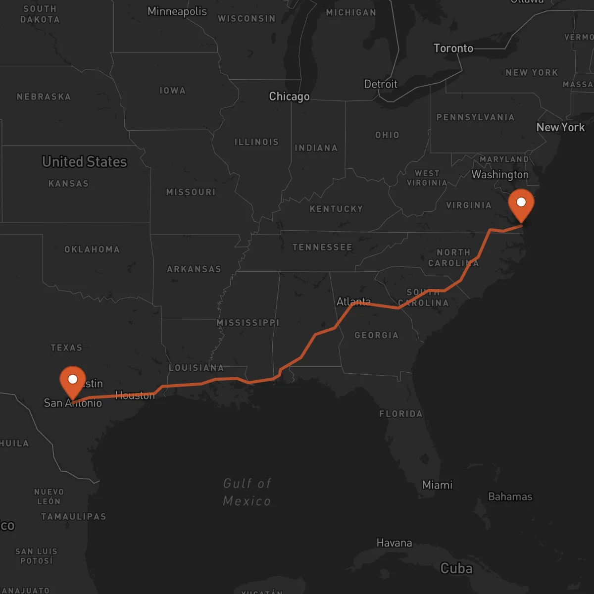 Ruta Virginia Beach - San Antonio