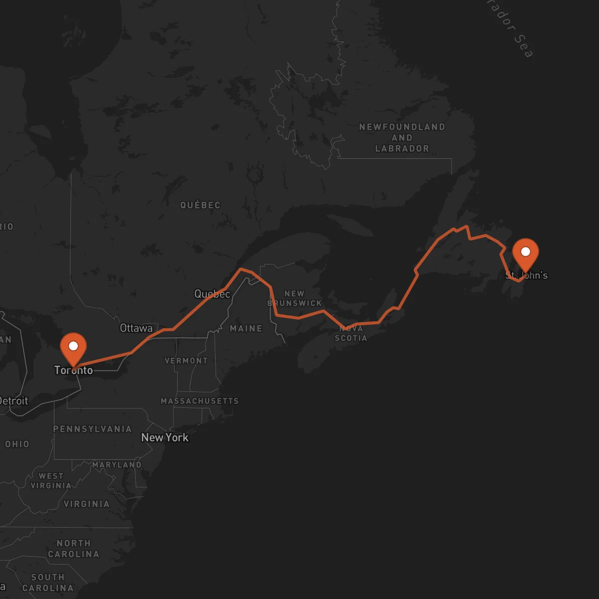 Ruta Toronto - San Juan de Terranova (St. John's)