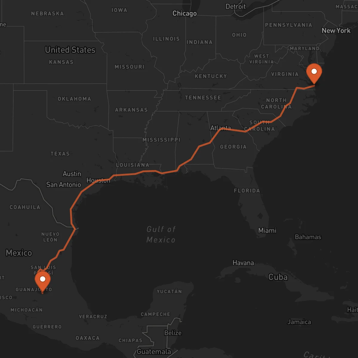 Ruta Virginia Beach - Santiago de Querétaro