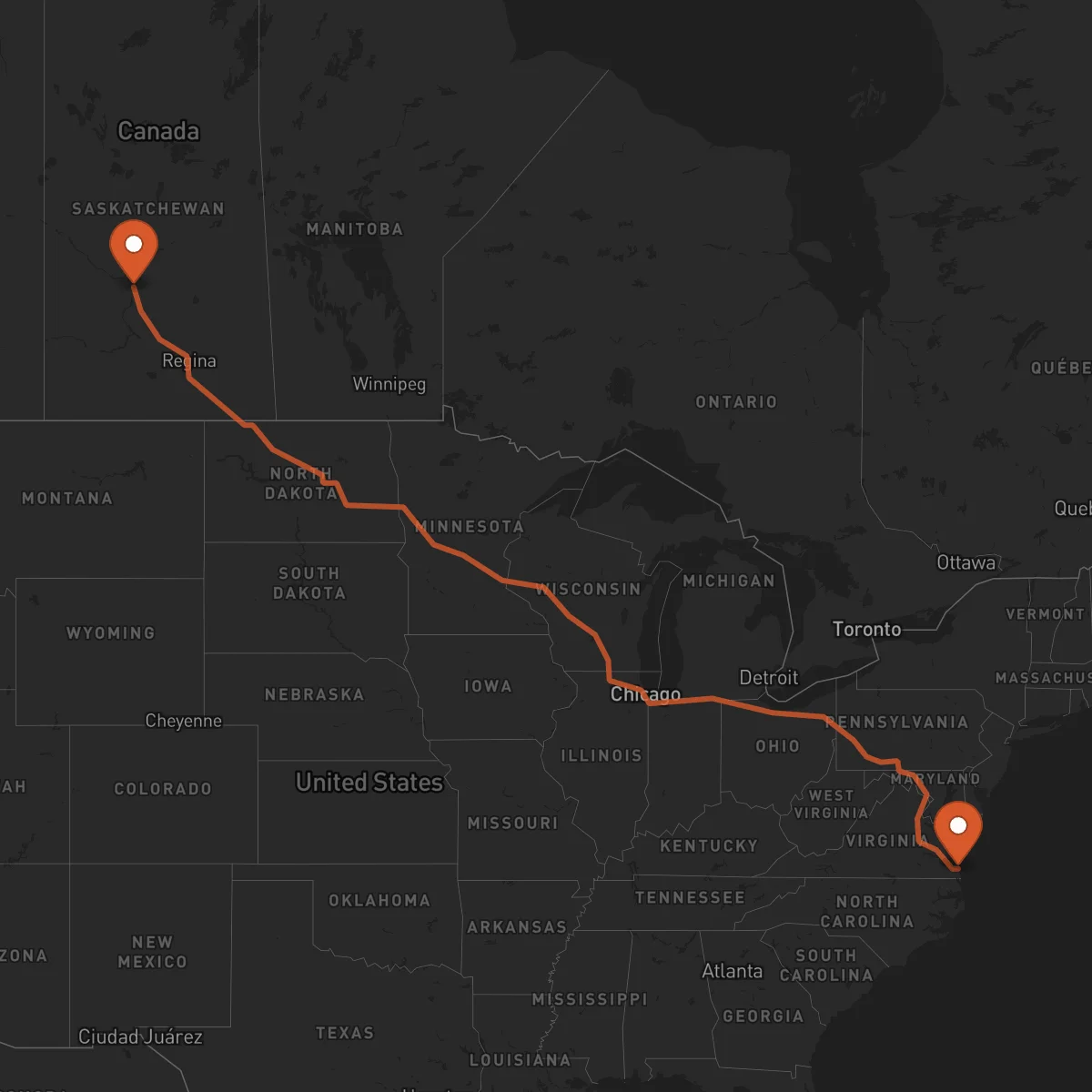 Ruta Saskatoon - Virginia Beach