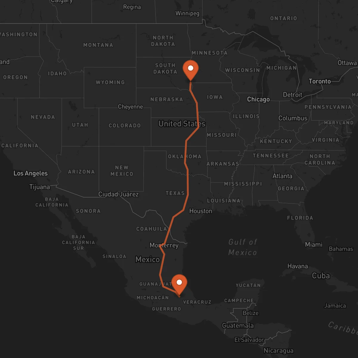 Ruta Sioux Falls - Tlaxcala de Xicohténcatl