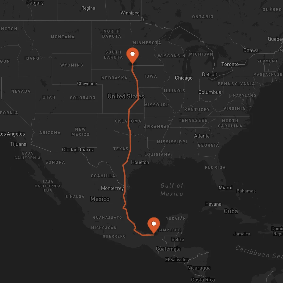 Ruta Sioux Falls - Villahermosa