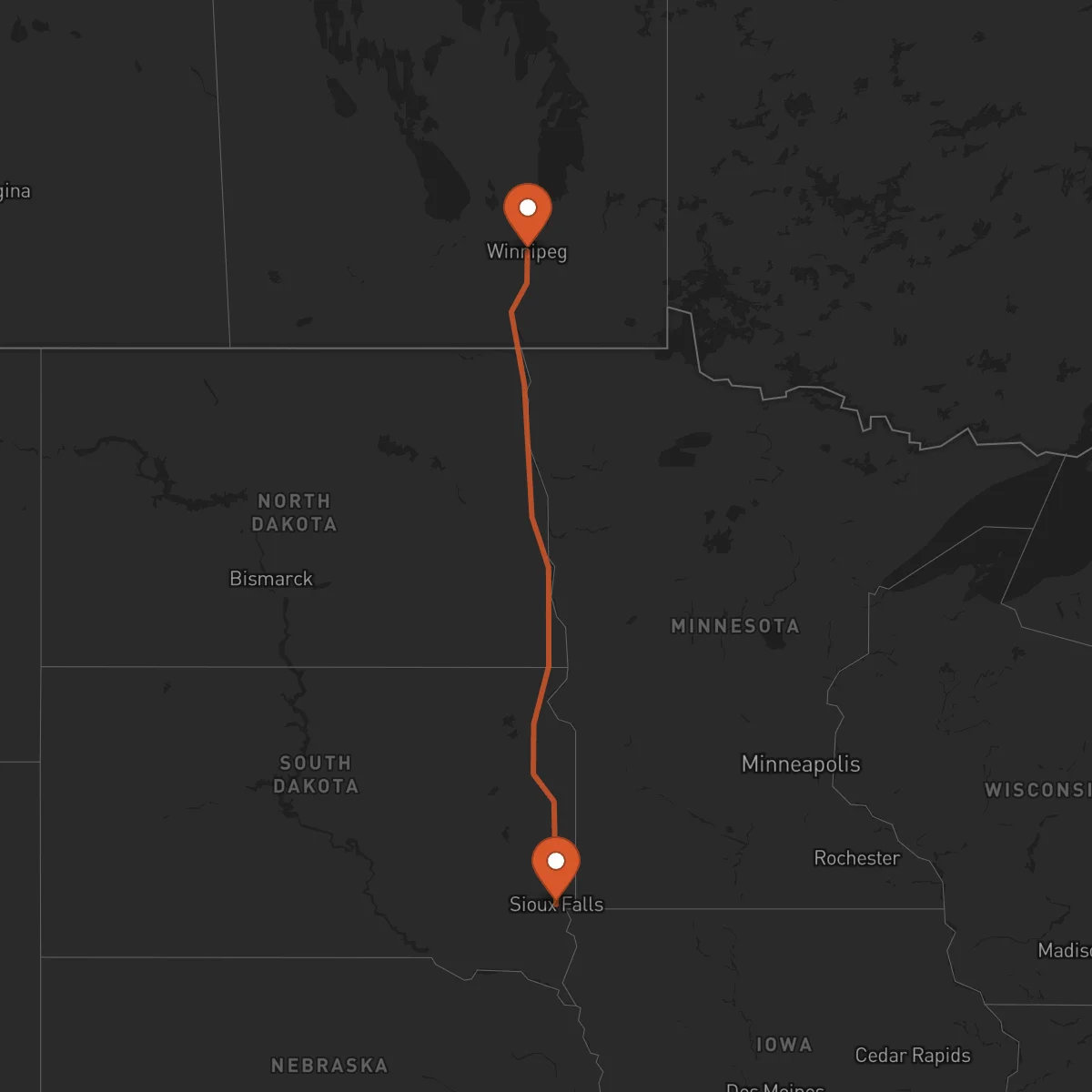 Ruta Winnipeg - Sioux Falls