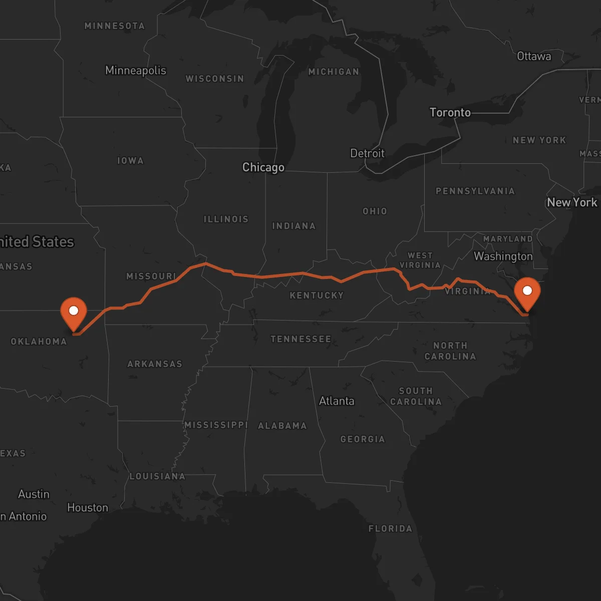 Ruta Virginia Beach - Tulsa