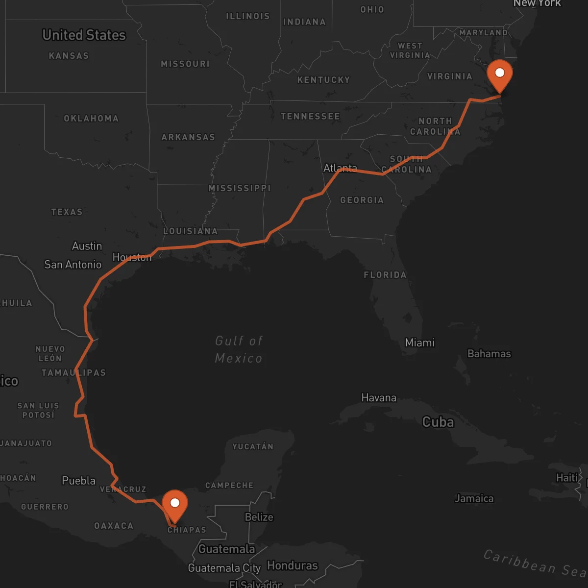 Ruta Tuxtla Gutiérrez - Virginia Beach