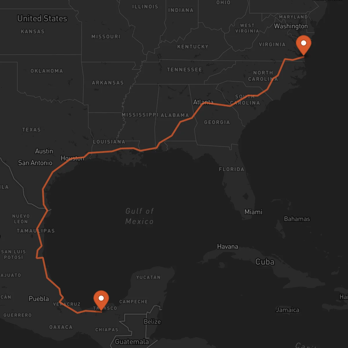 Ruta Virginia Beach - Villahermosa