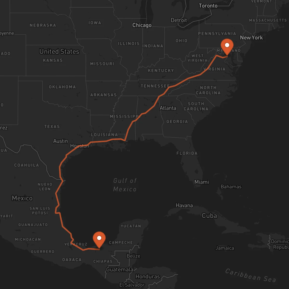 Ruta Washington D.C. - Villahermosa