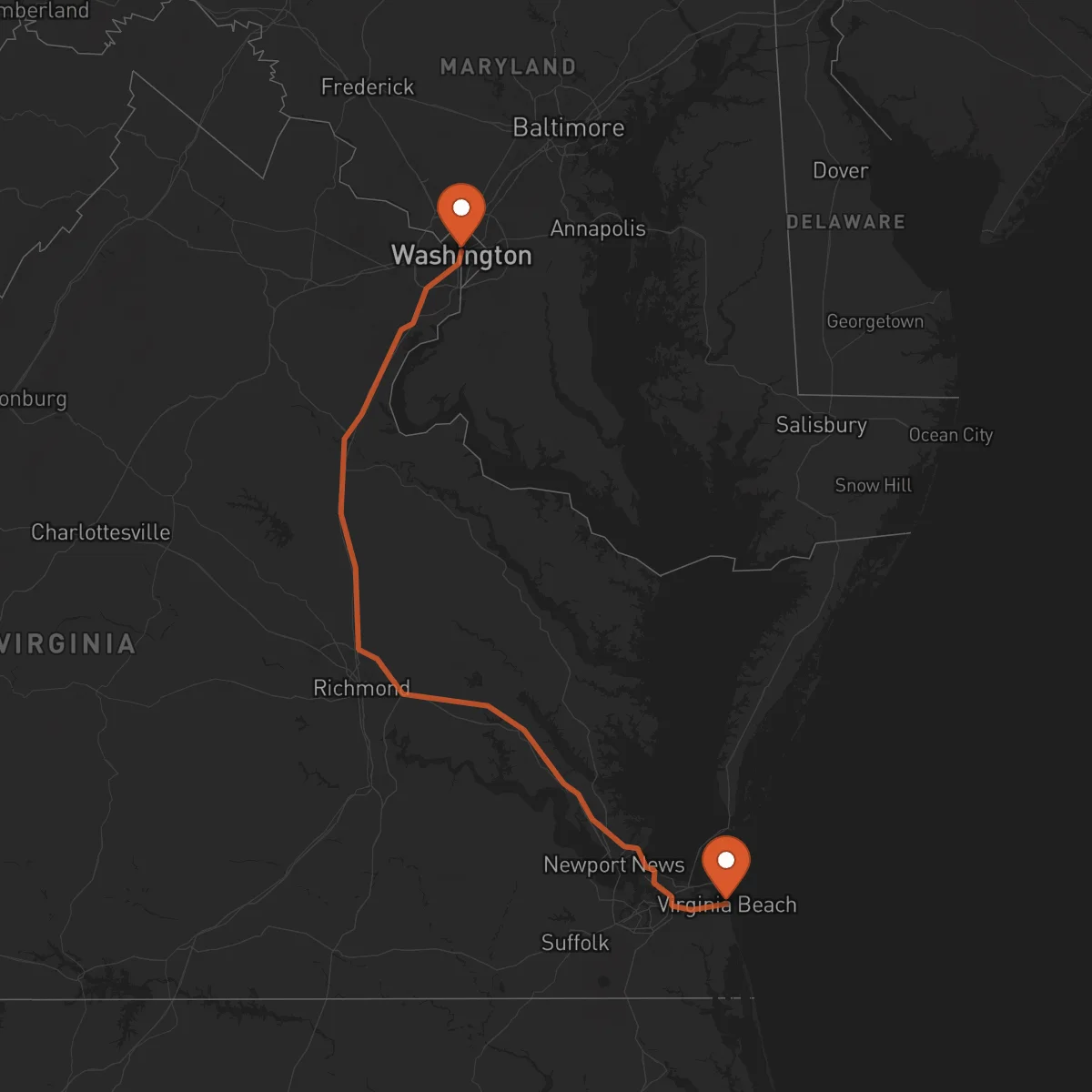Ruta Washington D.C. - Virginia Beach