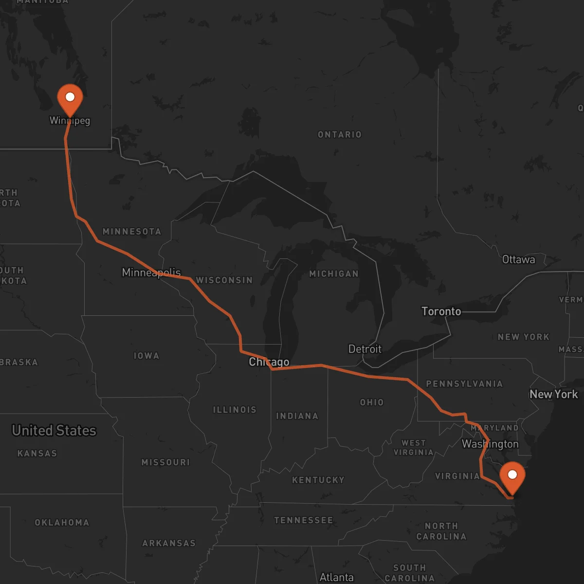 Ruta Virginia Beach - Winnipeg