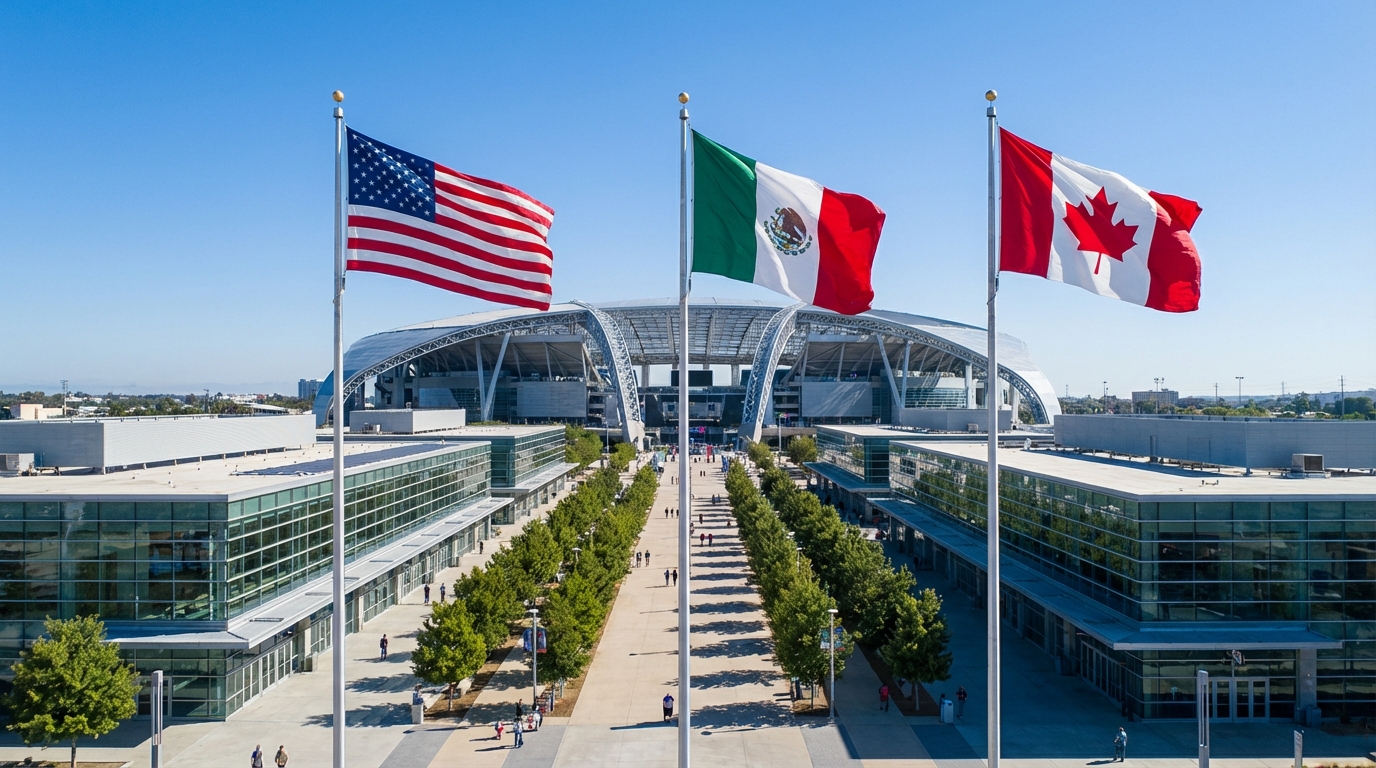 Banderas de Estados Unidos, México y Canadá frente a un estadio moderno del Mundial 2026