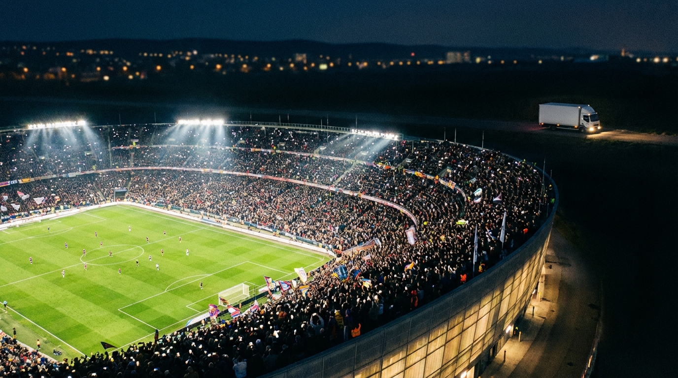 Estadio de fútbol lleno de aficionados durante un partido nocturno del Mundial