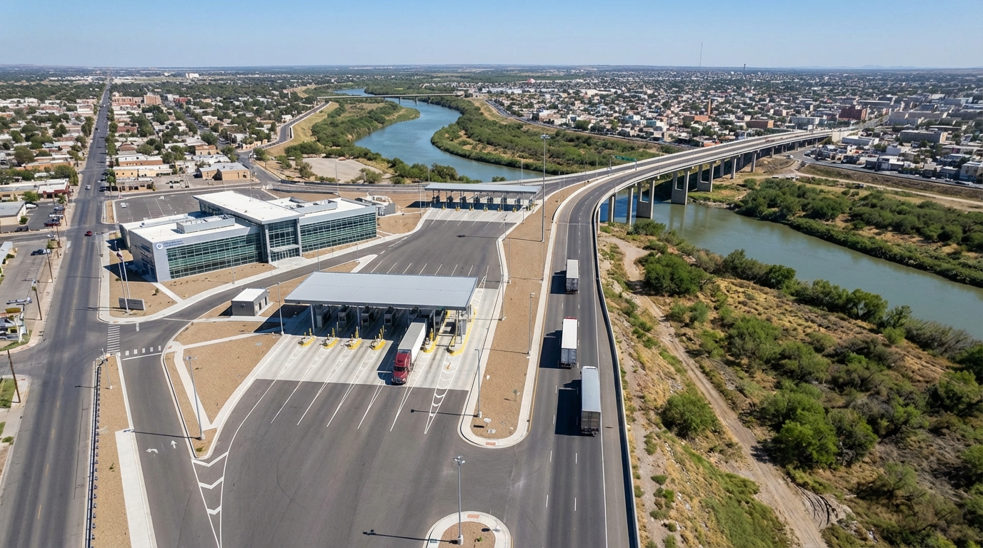 Cruce fronterizo comercial moderno entre Estados Unidos y México con inspección aduanera