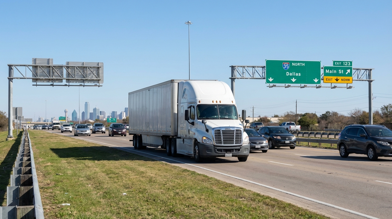 Flota de camiones de carga en autopista americana con skyline urbano