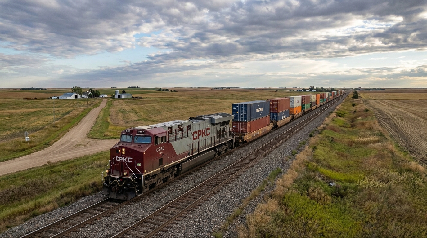 Tren de carga CPKC con contenedores atravesando las praderas americanas