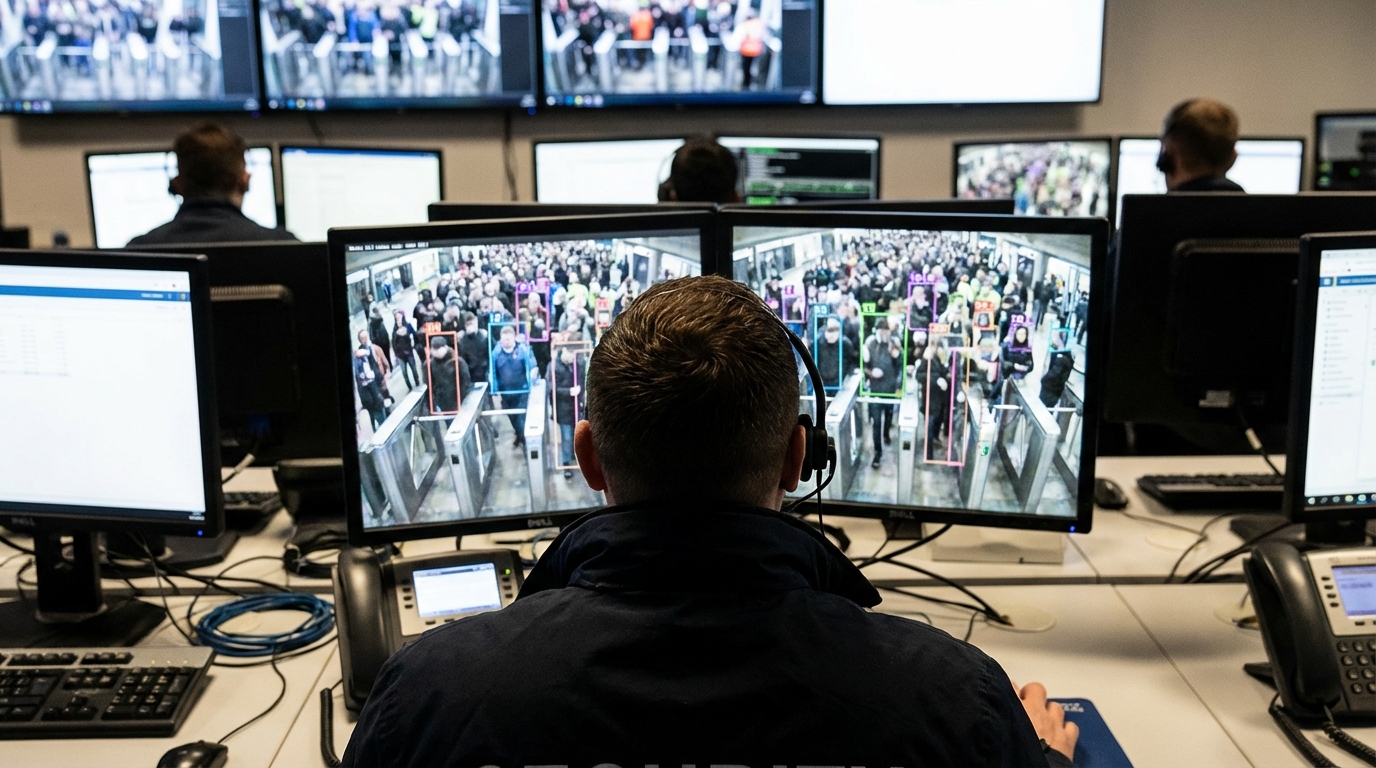 Centro de control logístico con pantallas de monitoreo y dashboards de datos