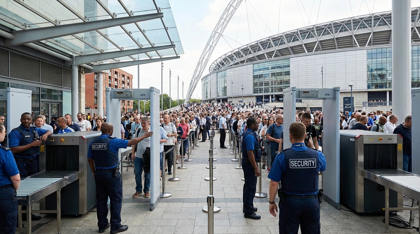 Punto de control de seguridad en entrada de estadio con personal profesional