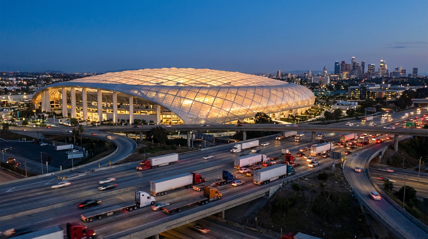 SoFi Stadium Los Angeles con camiones de carga - Mundial FIFA 2026