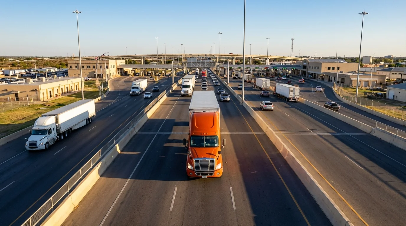 Orangefarbener LKW überquert die World Trade International Bridge in Laredo, Texas
