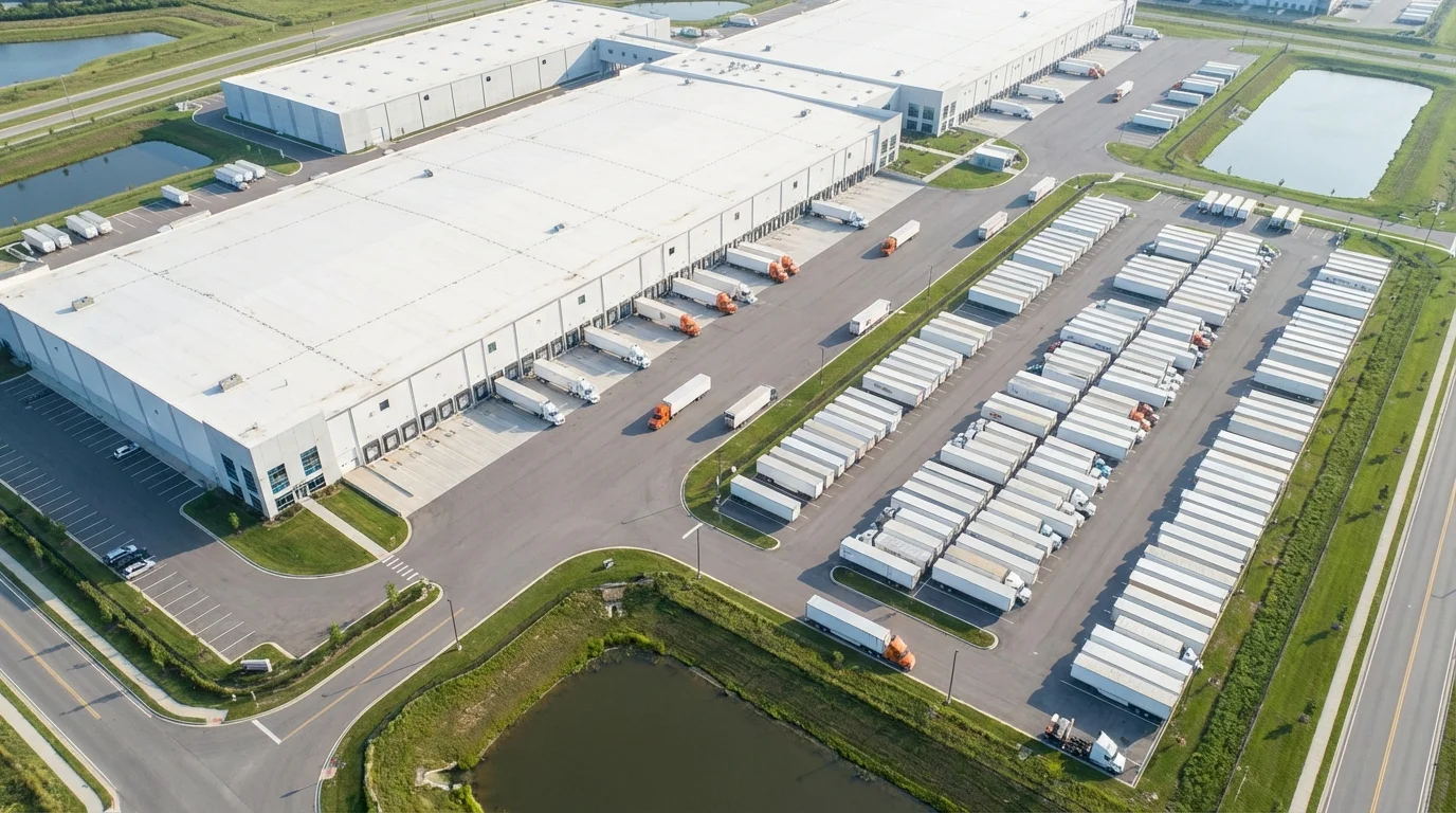 Luftaufnahme eines modernen Distributionszentrums mit LKW an Ladedocks