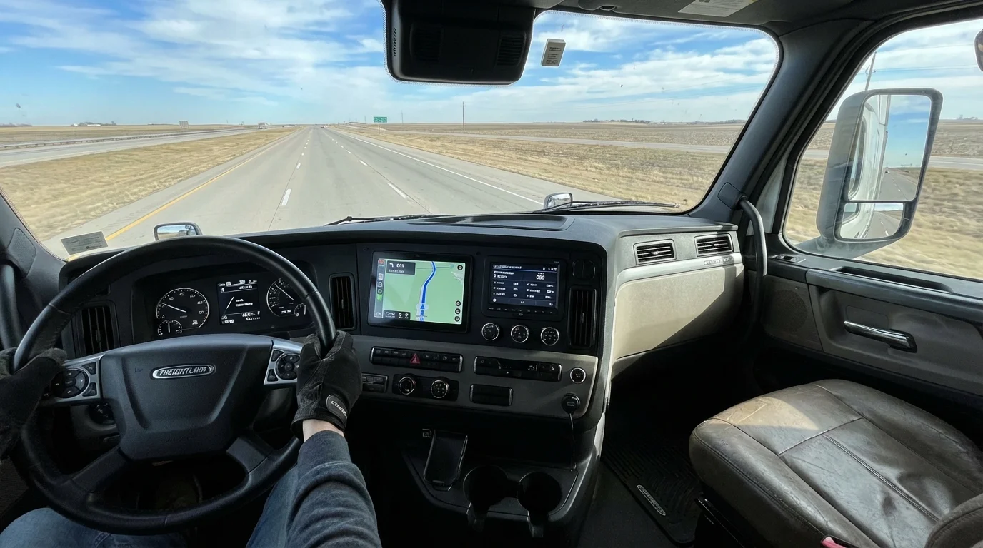 Modernes LKW-Kabinen-Interieur mit digitalem Armaturenbrett mit GPS und Flottenmanagement