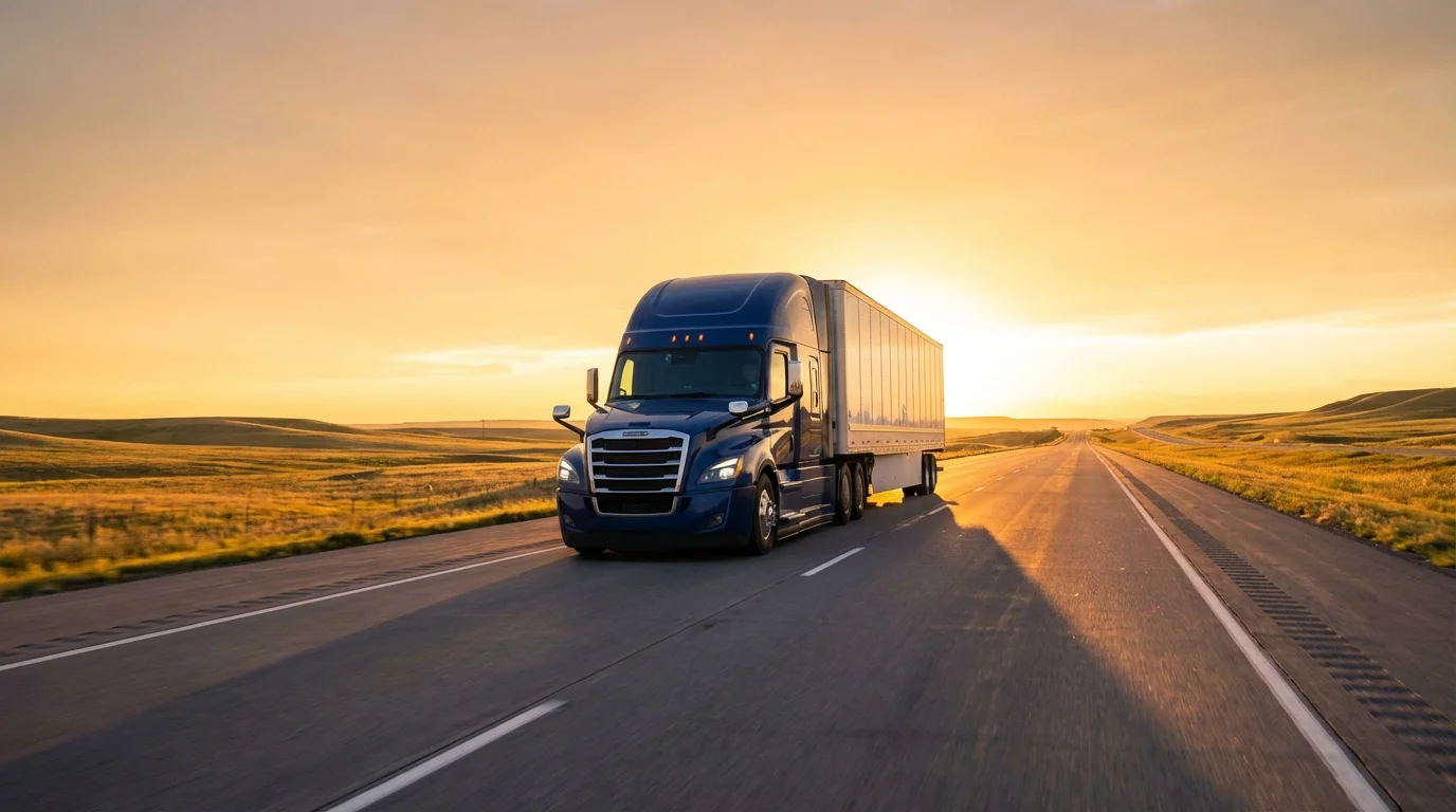 Dunkelblauer LKW fährt bei Sonnenuntergang auf amerikanischer Autobahn mit orangefarbenem Diagonalakzent